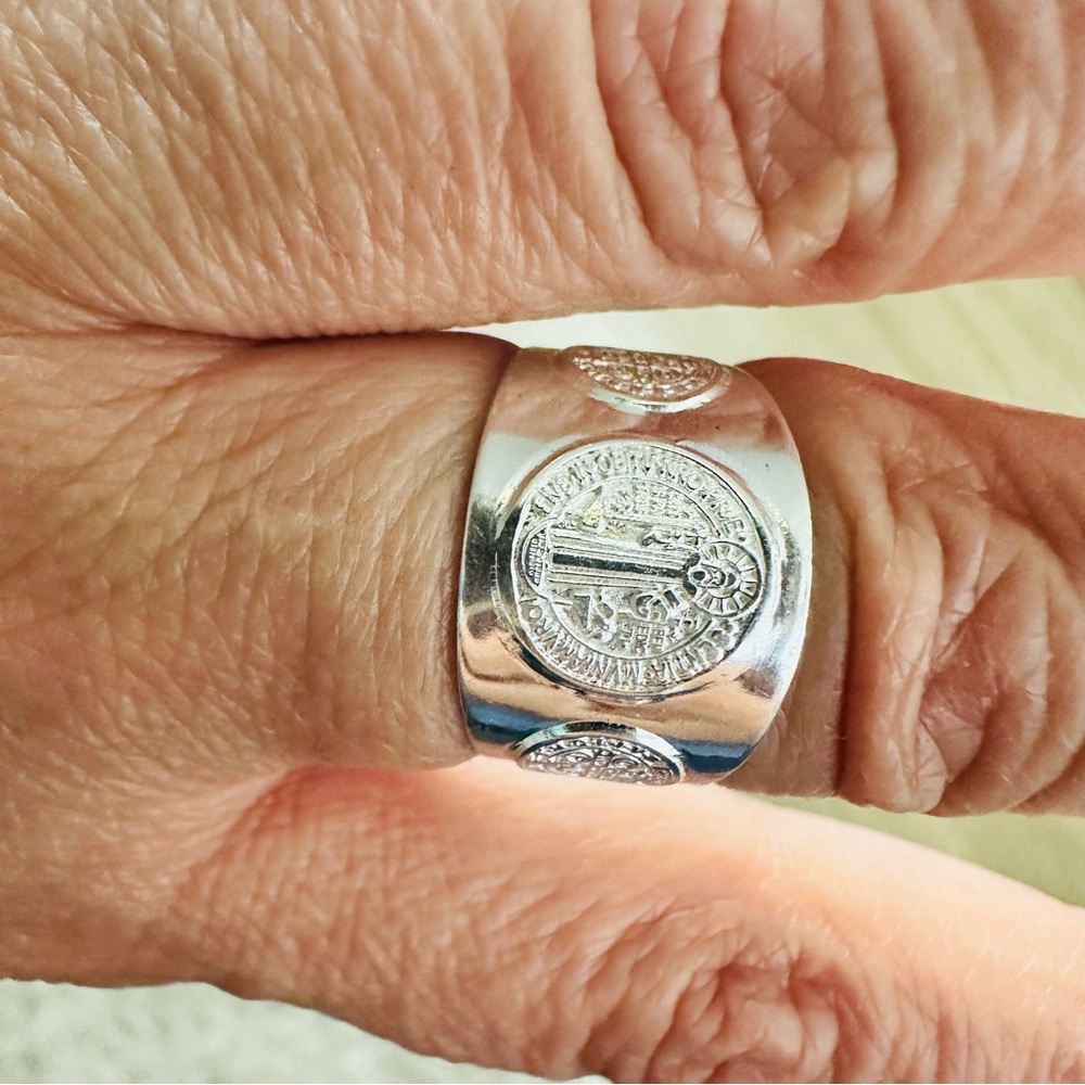 Silver Chunky Jewelry Ring with Engraved Saint Benedict Catholic Christian - Picture 5 of 16